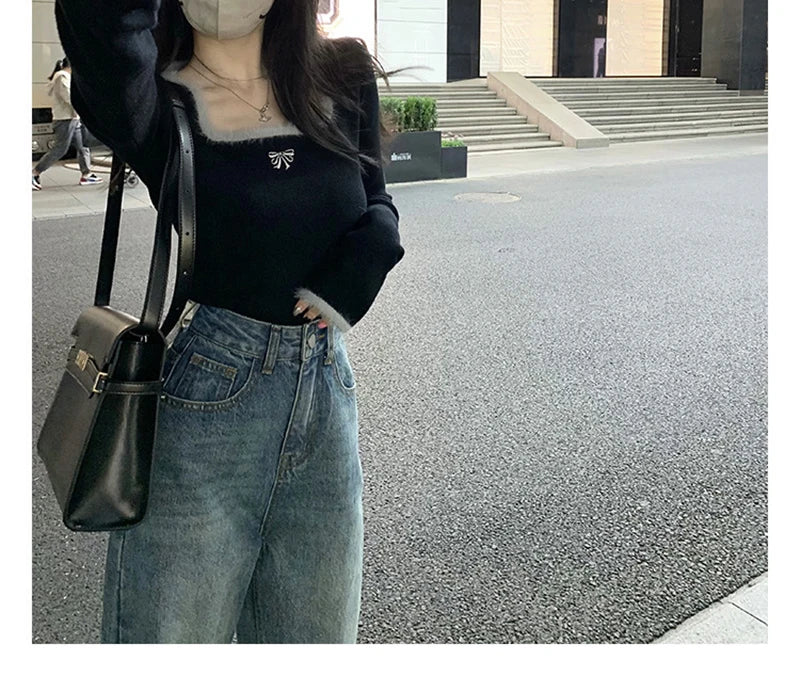 Bxoxo Women Butterfly Embroidered T-shirts Square Neck  Long Sleeve Patchwork Y2K T-Shirts Casual Tees Women Autumn Winter