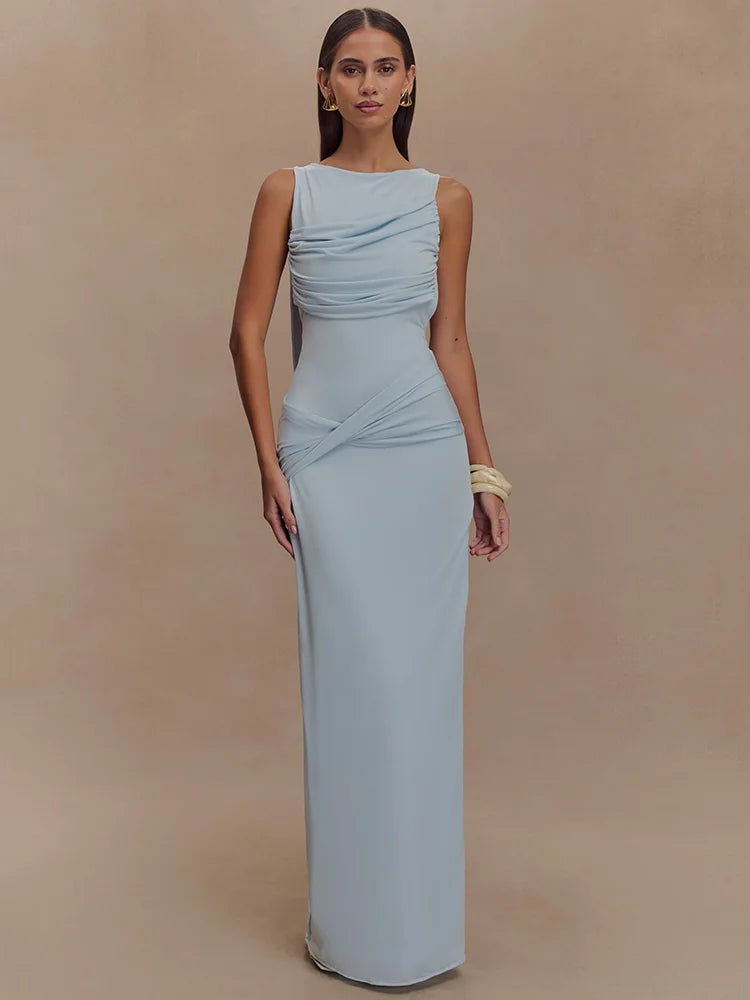 BXOXO Backless Ruched Sexy Maxi Dress For Women Gown O Neck Sleeveless Thigh High Split Bodycon Elegant Long Dress Vestido