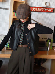 Bxoxo Black Pu Leather Vest for Women Autumn Casual Single Breasted O Neck Crop Jacket Y2K Vintage Loose Streetwear Sleeveless Outwear