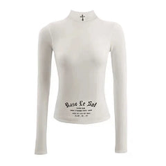 BXOXO Y2k Vintage T Shirt Women Turtleneck Skinny Long Sleeve Print Letter Tops Streetwear 2000s Japanese Grunge Tops Autumn