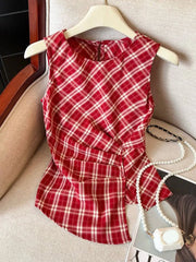 Bxoxo Retro Women Red Plaid Tanks Casual O Neck Slim Korean Vintage Tanks Summer Sleeveless Irregular Female Design Simple Tops