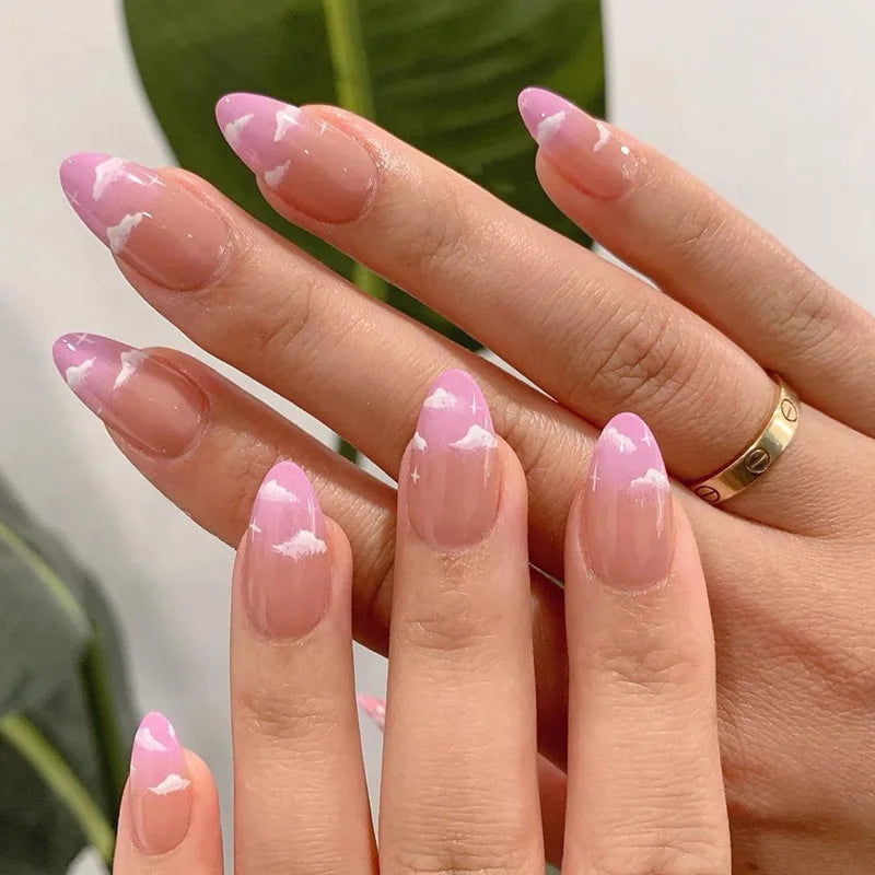 Bxoxo 24P French Oval False Nails Girls White Edge Design Nude Color Wearable Press on Nail Full Cover Short Acrylic Almond Fake Nails