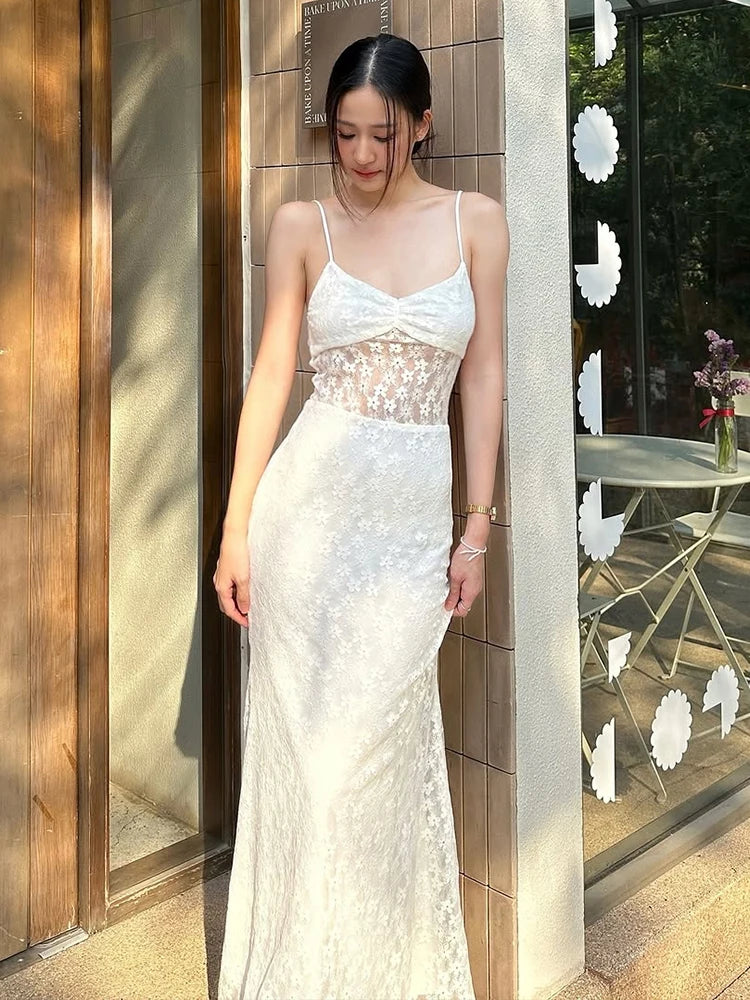 BXOXO Elegant Dress Women Jacquard Sleeveless Flower Backless Fashion Low-Neck See Through Vacation Birthday Party Vestidos