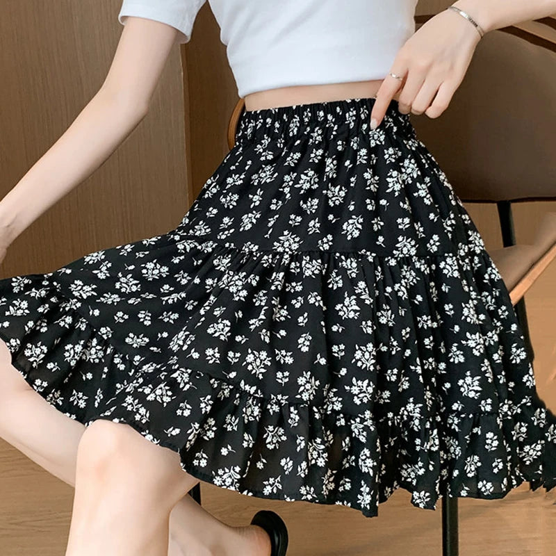 Bxoxo Sweet Floral Skirts for Women Summer Elastic High Waist All Match Mini Skirts Y2K Korean Kawaii Preppy A Line Skirts Female