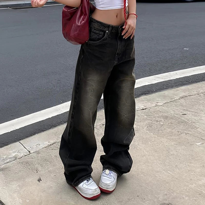 Bxoxo Streetwear Grunge Baggy Jeans Women Vintage Distressed Straight Leg Y2K Denim Pants 90s Aesthetic Outfits Washed Chic