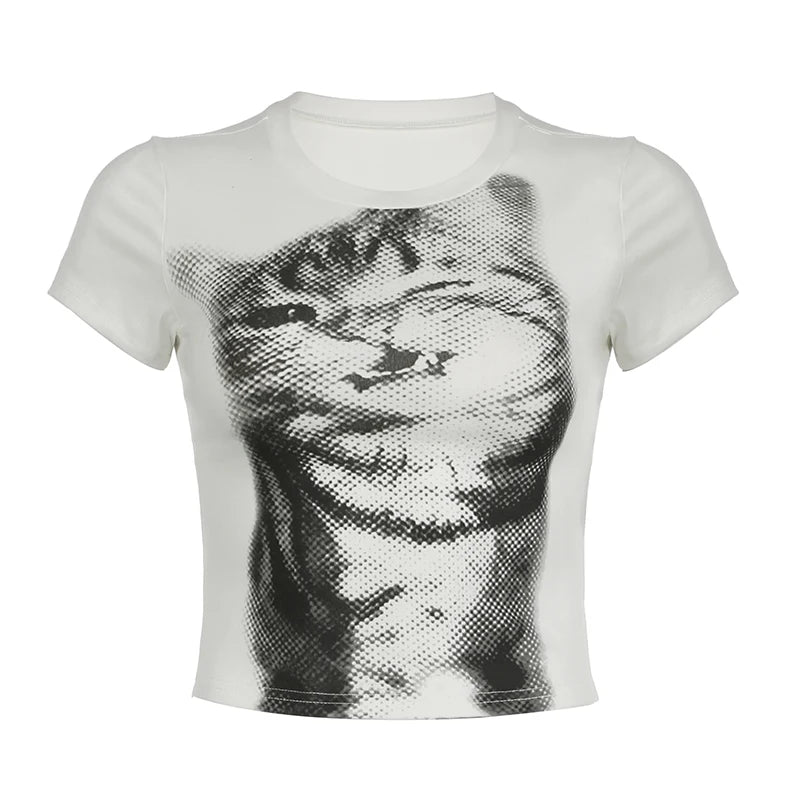 BXOXO Harajuku Animal Print Crop Top Basic White Short Sleeve Crewneck T-shirt Women Casual Slim-fitting Tees Lady y2k Vintage