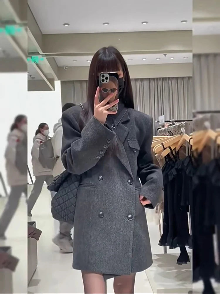 Bxoxo Fashion Gray Faux Fur Suit Coat Women Y2K Winter Thick Warm Double-Breasted Jackets Female Korean Streetwear All-Match Outwear