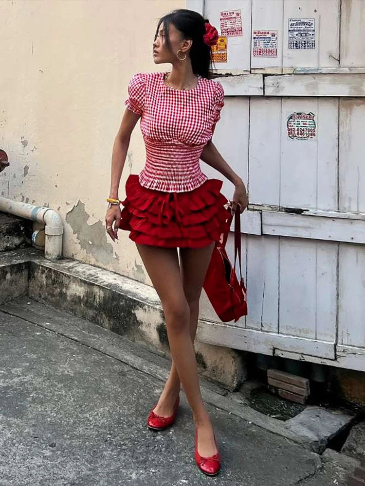 BXOXO Fashion 2-Piece Set Women Plaid Folds Puff Sleeves o-Neck Tops+Multi-Layered Bandage Ruffles Puffy Skirt Matching Suit