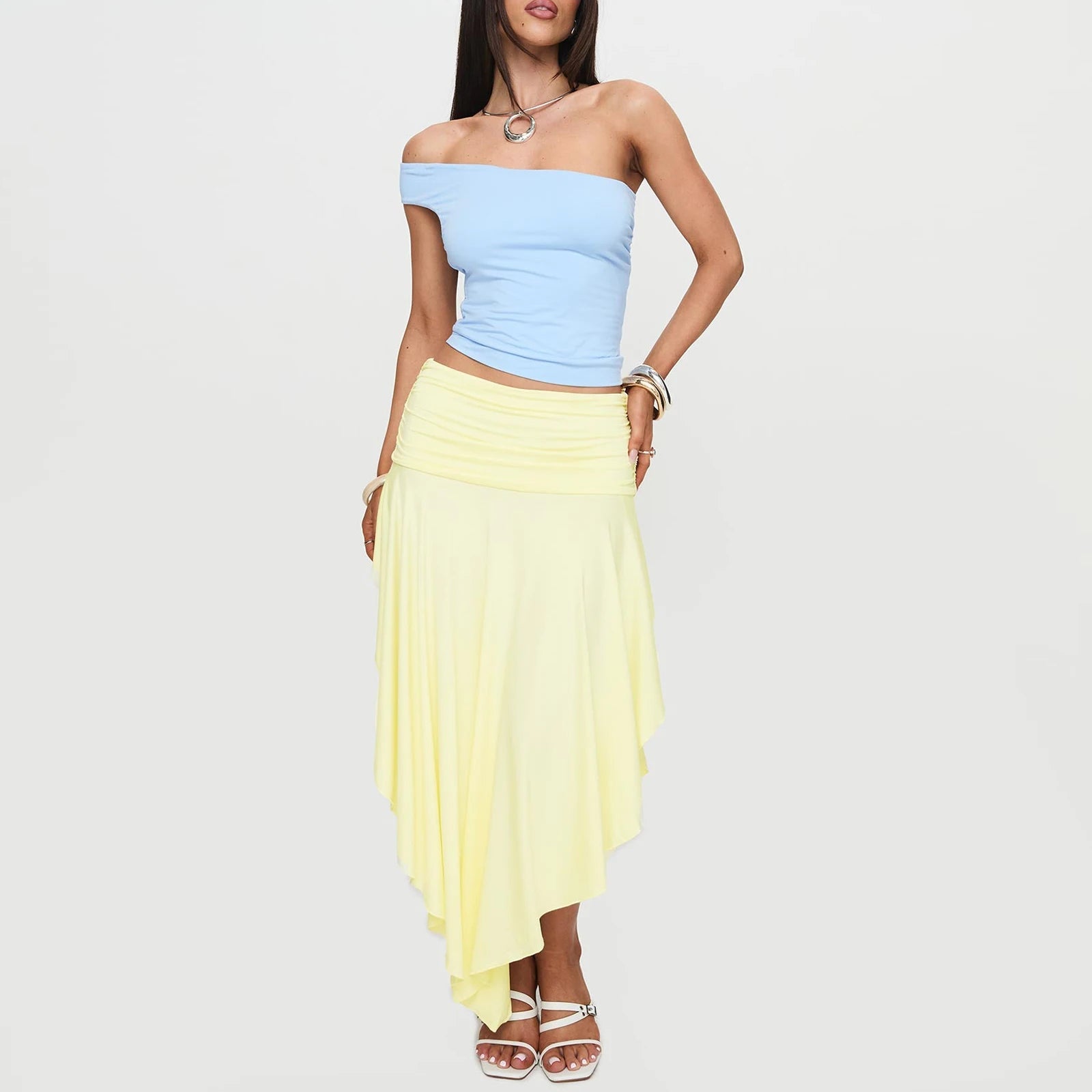 BXOXO Women's Trendy Asymmetrical Skirt Solid Color High Waist Pleated Hem Long Skirt for Travel, Beach, Shopping