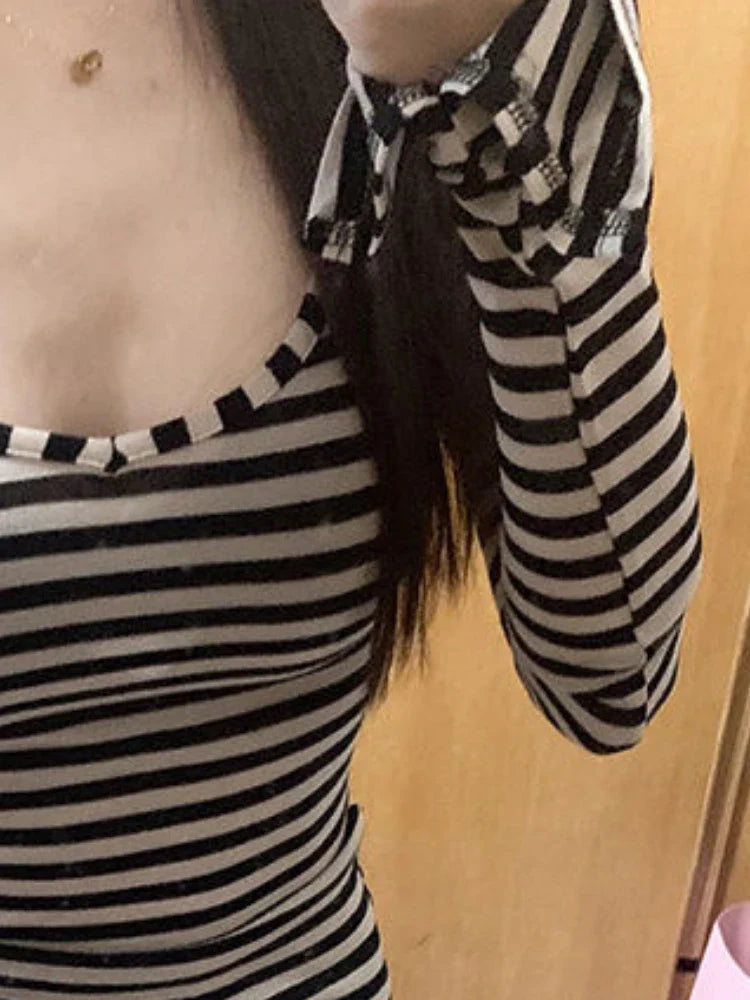 BXOXO Y2k Aesthetics Stripes Button Tops Women Harajuku Slim Fit Casual T-shirt Vintage Sexy Long Sleeve Split Shirts Grunge E-girls