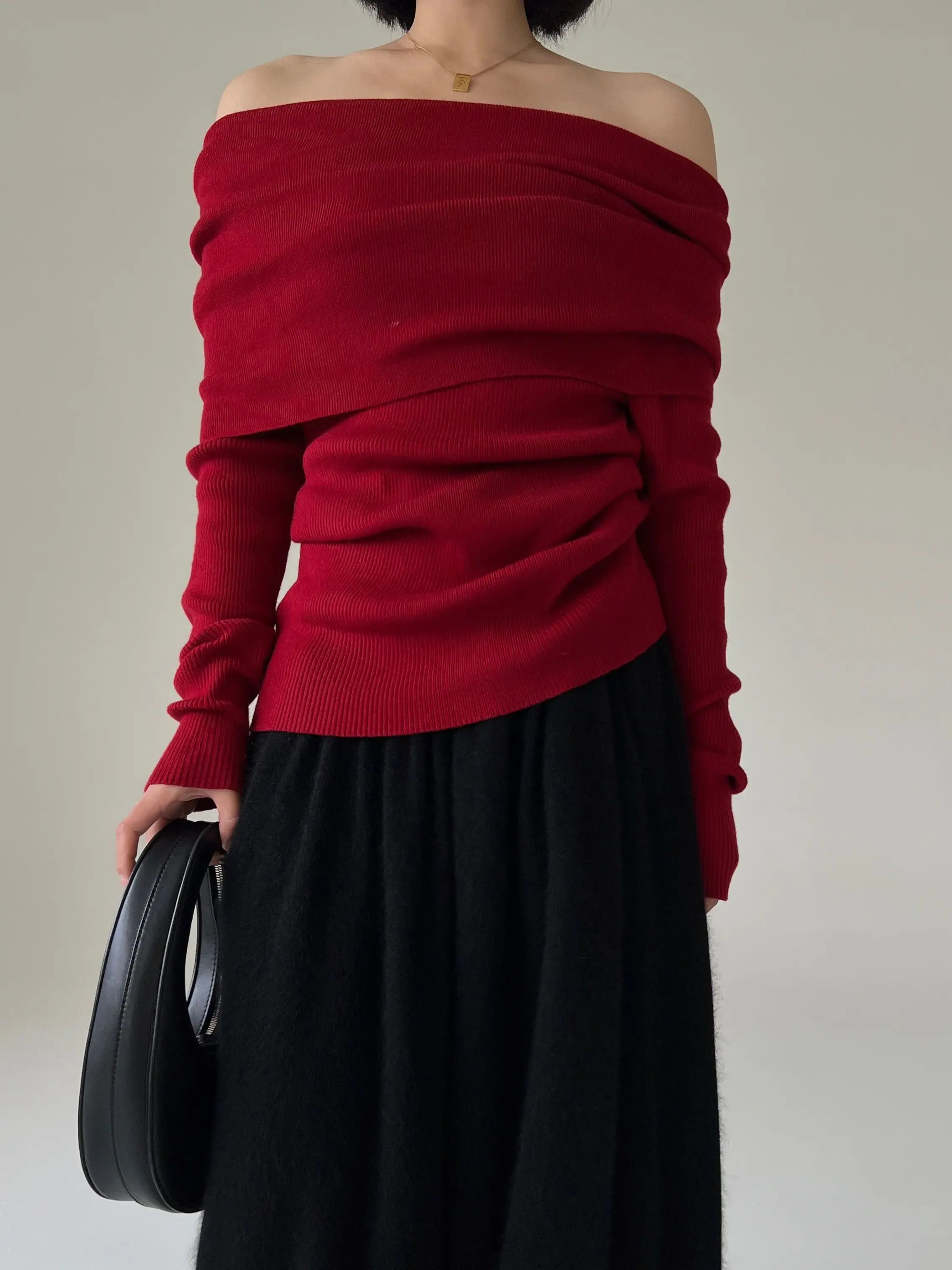 Bxoxo Spring Autumn Off Shoulder Women Sweaters Elegant Vintage Knitted Solid Jumper High Stretch Top  C-038