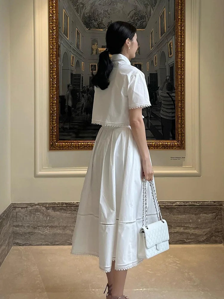 Bxoxo Elegant Two Piece Sets For Women Lapel Short Sleeve Tops High Waist A Line Pleated Skirts Solid Set Female Summer 2023
