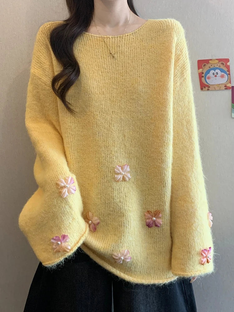 Bxoxo Sweet Floral Chic Sweater Women O Neck Cute Long Sleeve Knitted Jumpers Fashion Preppy Style Loose Lazy Wind Lady Fall Pullover
