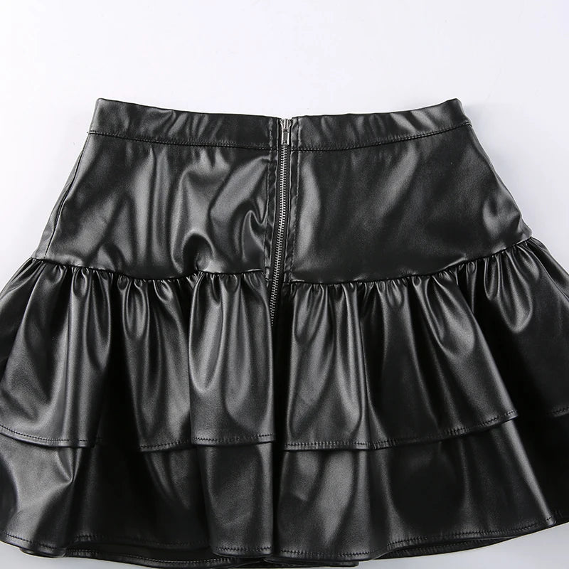 Bxoxo PU Leather Mini Skirts Punk Style High Waist Lace Up Bandage Black Pleated Skirt Streetwear Girls Dark Academia Clothes
