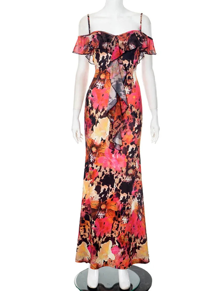 BXOXO Spaghetti Strap Floral Print Sexy Maxi Dress Women Gown Fashion Off-shoulder Strapless Sleeveless Printed Long Dress