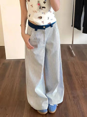 Bxoxo Blue Striped Patchwork Jeans Women Y2K High Waist Streetwear Embroidery Wide Leg Trousers Bf Korean Casual Straight Cowboy Pants
