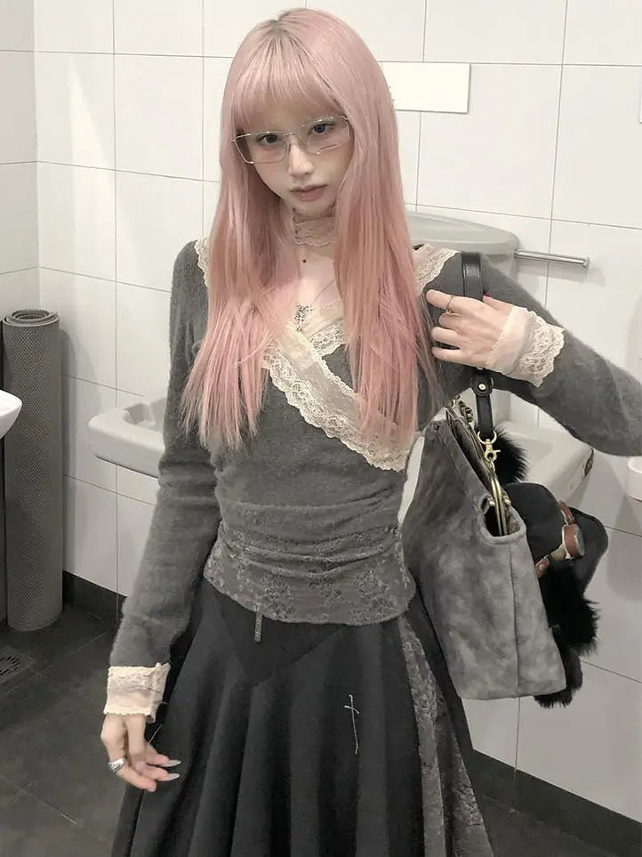 BXOXO Y2k Japanese T Shirt Women V Neck Patchwork Lace Tee Tops Streetwear Vintage Tops Korean Style Skinny Tshirts Autumn