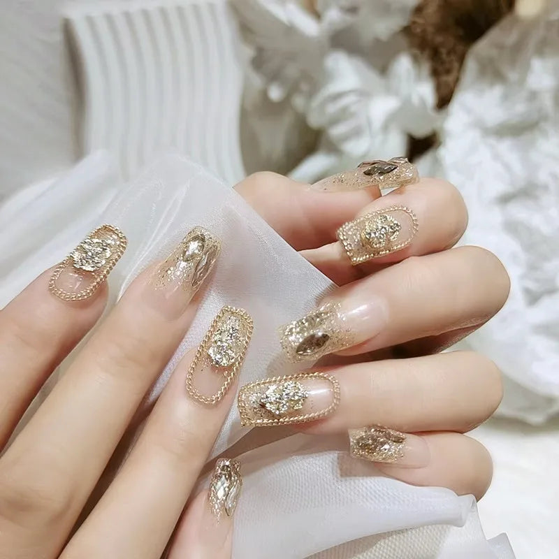 BXOXO 24Pcs Luxury Fake nail tips Women Wearable Press on Nails with Gold Glitter Diamond Full Cover Coffin Artificial Nails Tips