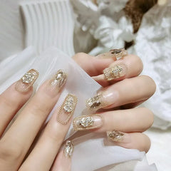 BXOXO 24Pcs Luxury Fake nail tips Women Wearable Press on Nails with Gold Glitter Diamond Full Cover Coffin Artificial Nails Tips