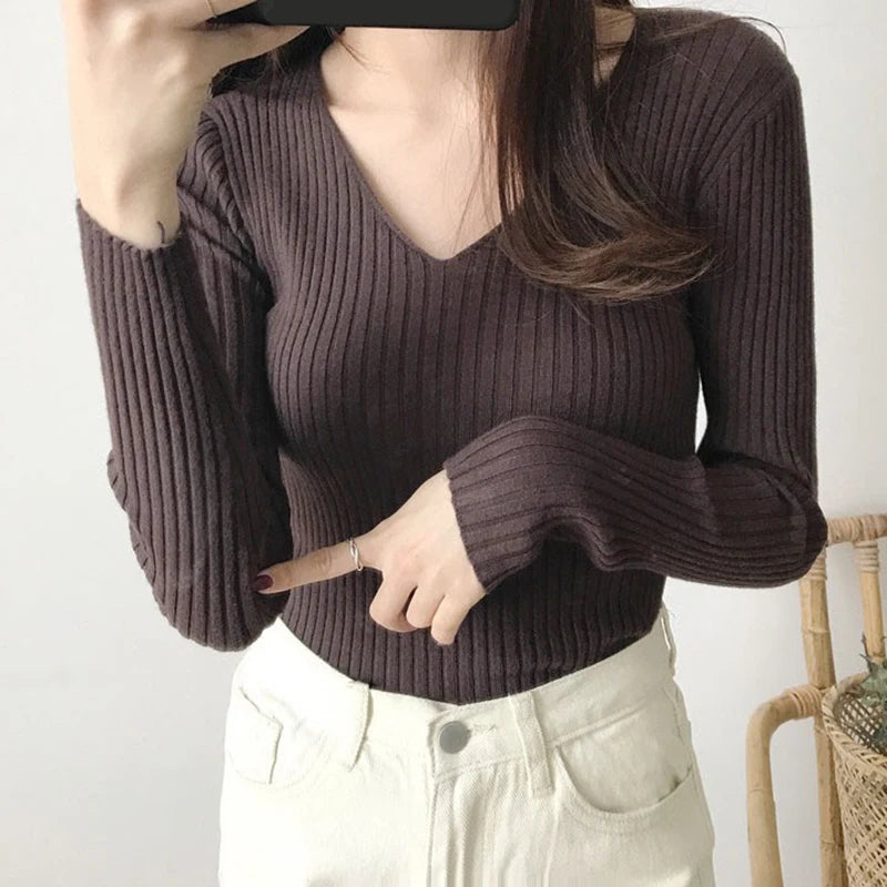 BXOXO Women V-Neck Slim Sexy Sweater Knit Long Sleeve Solid Bottoming Sweater Casual Pullovers For Women Autumn Winter