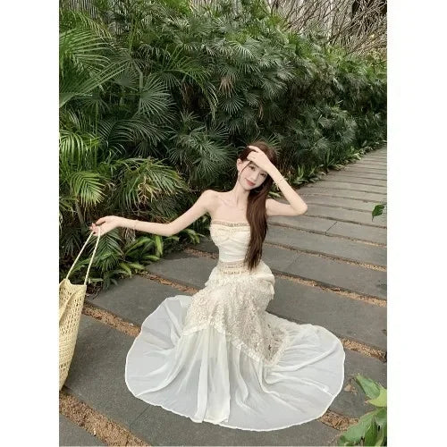 Bxoxo Sweet Style Lace Hollow out Women's Three-Piece Set Cardigan Tube Top Vest Spring Skirt Ensemble Adorable Fashion Ensemble