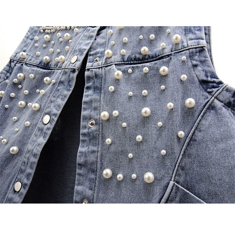 BXOXO New Summer Women's Beaded Denim Tank Top Sleeveless Top Cutting Street Clothing Jeans Jacket Korean Fashion Tank Top