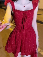 Bxoxo Women's Sexy Hotgirl Dot Dresses Summer French Slash-Collar Slim Fit Hollowed Waist Lace-up A-Line Short Skirt 2025 New Fashion