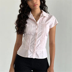 BXOXO Women Coquette Short Sleeve Button Up Shirt Y2K Preppy Vintage Tie Waist Lapel Tshirt Aesthetic Crop Top Streetwear