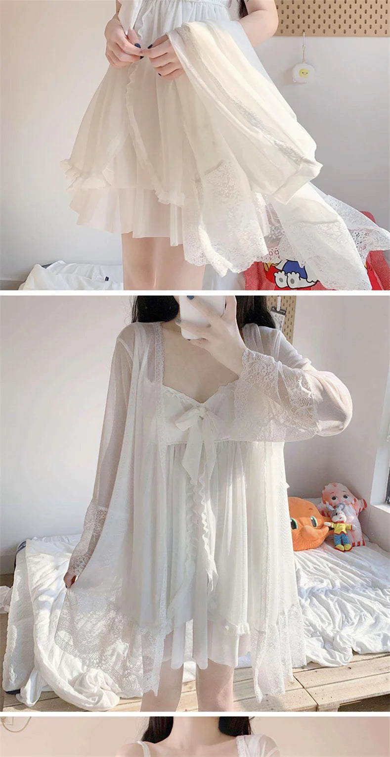 Bxoxo Elegant Sweet Simple Solid White Women Robe Gown Sets Chic Lace Bow Mesh  Sleepwear Breathable Slim Nightdress