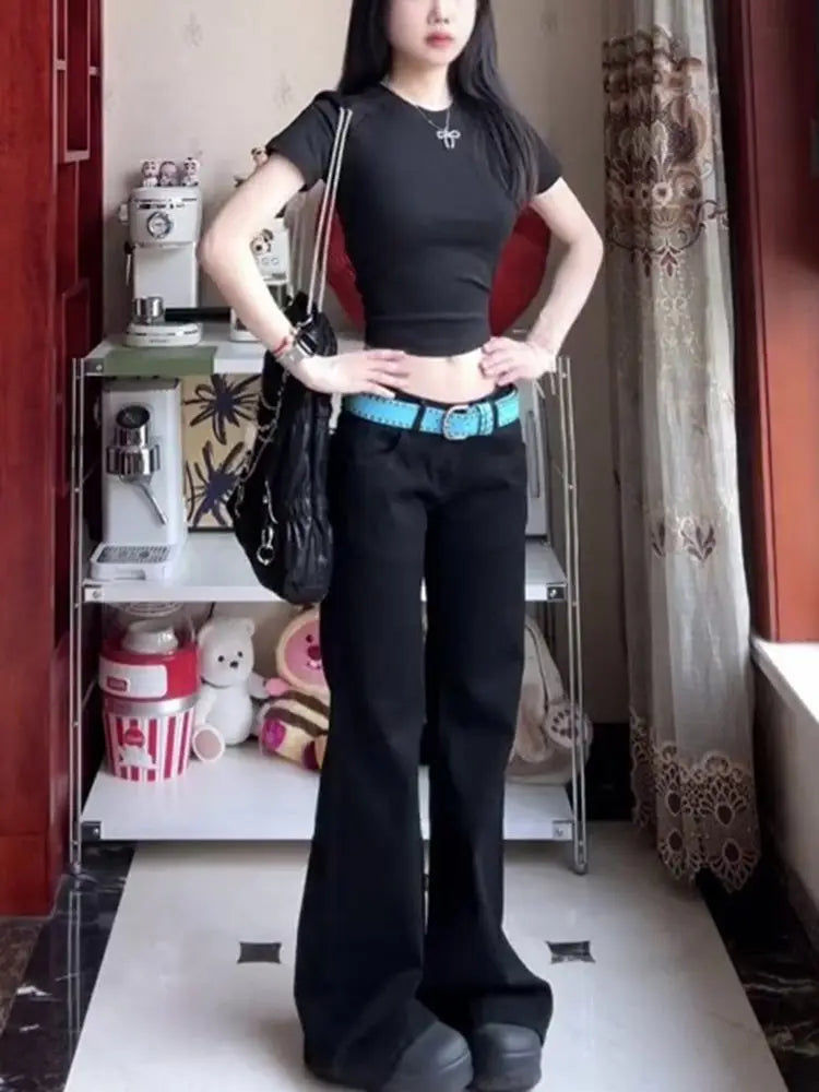 Bxoxo Black Basic Vintage Women's Pants Harajuku Low Waist Wide Leg Korean Fashion Flare Trousers Baggy Office Lady Casual