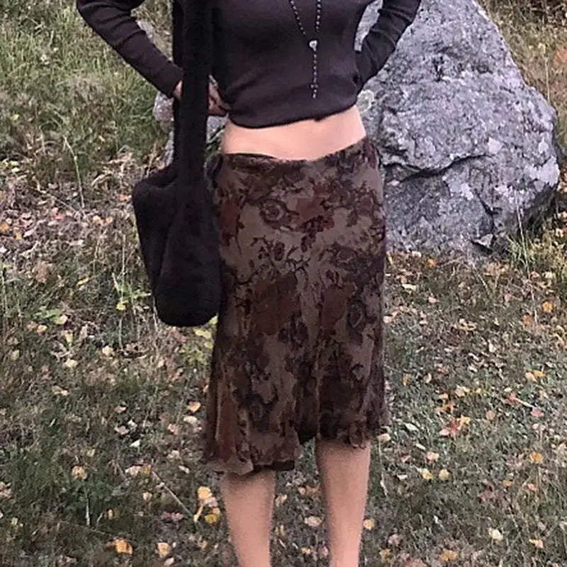 BXOXO Harajuku Vintage Long Skirts Women Floral Print Gothic Retro Skirts Grunge Aesthetic Streetwear Punk A Line Midi Skirt