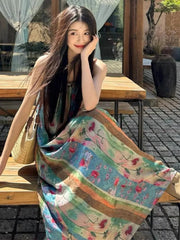 Bxoxo Summer New Large Size Retro Yunnan Travel Floral Tie Dye ter Dr Women's Vaion Sle Loose Waist A-Line Long Dr