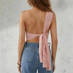BXOXO Women Y2K Fairy Lace Cami Top Sexy One Shoulder Sleeveless Sheer Mesh Lace Cropped Tank Top Coquette Aesthetic Clothes