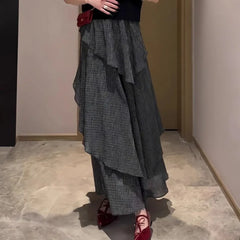BXOXO Vintage Plaid Skirts Women Irregular High Waist 2025 Fashion Ruffles French Style Chic Elegant Ladies Long Skirt Casual