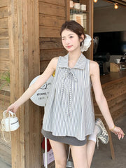 Bxoxo Vintage Striped Sleeveless Shirts Women Summer Loose Lapel Lace Up Blouse Y2K French Elegant Casual Female All Match Tops New
