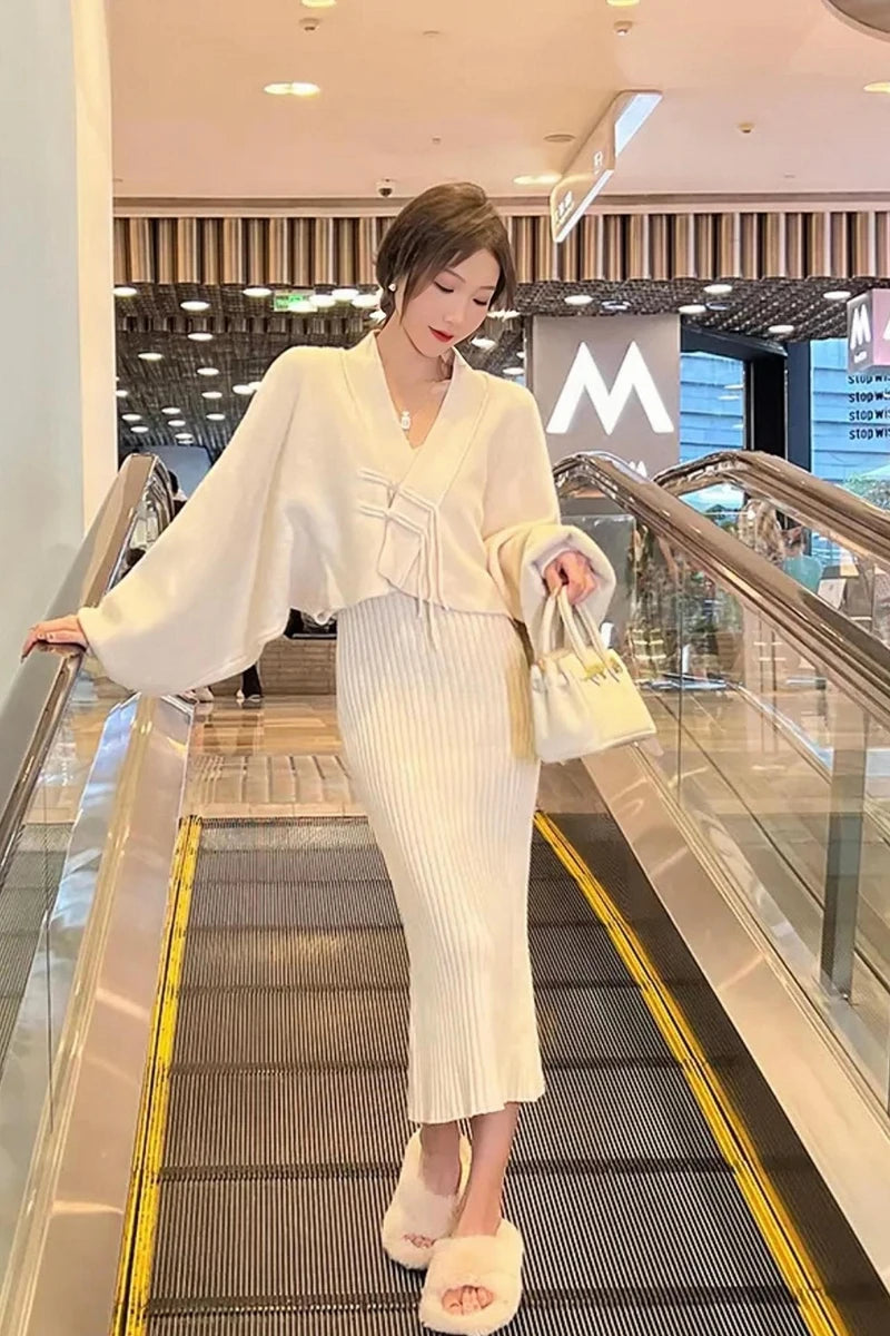Bxoxo  Winter Elegant 2 Piece Sweater Dresses Set Women Loose Warm Knitted Bodycon Suit Female Casual Korean Fashion Chic Streetwear