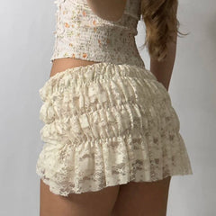 BXOXO y2k Ruched Lace Folds Skirt Summer Low Rise Bow Stitching Mini Skirts for Women Fairycore Elastic Skinny Ladies Bottoms