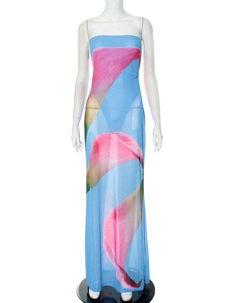 BXOXO Floral Print Strapless Sexy Maxi Dress For Women Gown Patchwork Off-shoulder Backless Sleeveless Print Long Dress