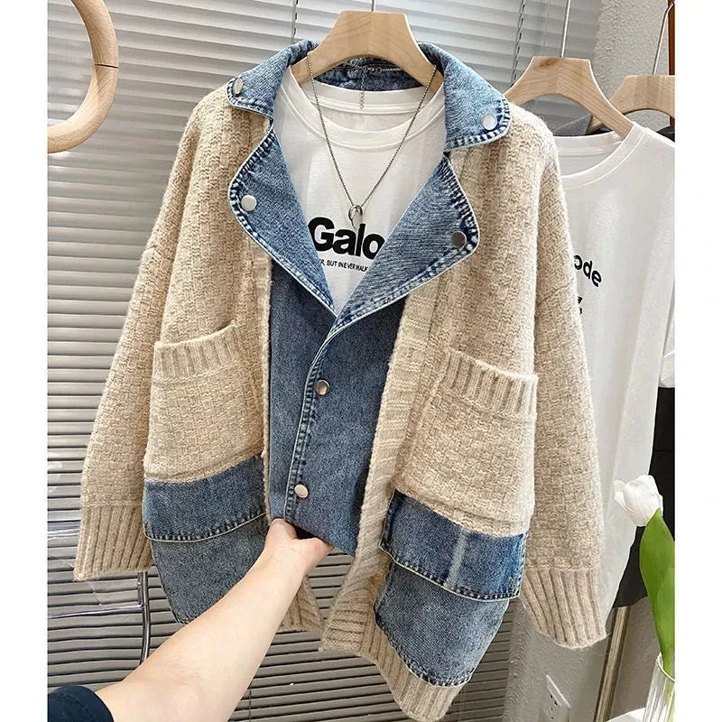 BXOXO New Autumn Winter Women Splicing Denim Jacket Women Long Sleeve Jean Jackets Female Loose Sweater Cardigan Jacket