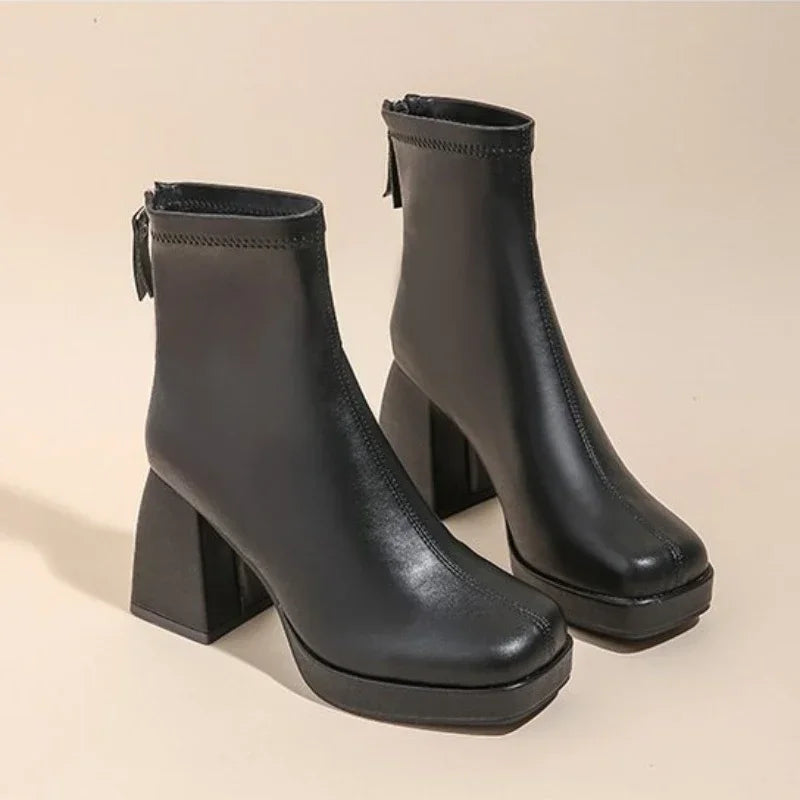 BXOXO High Heels Short Boots Women Fashion Shoes Autumn Winter Chunky Heels Waterproof Square Toe Plus Size Ankle Boots 2024