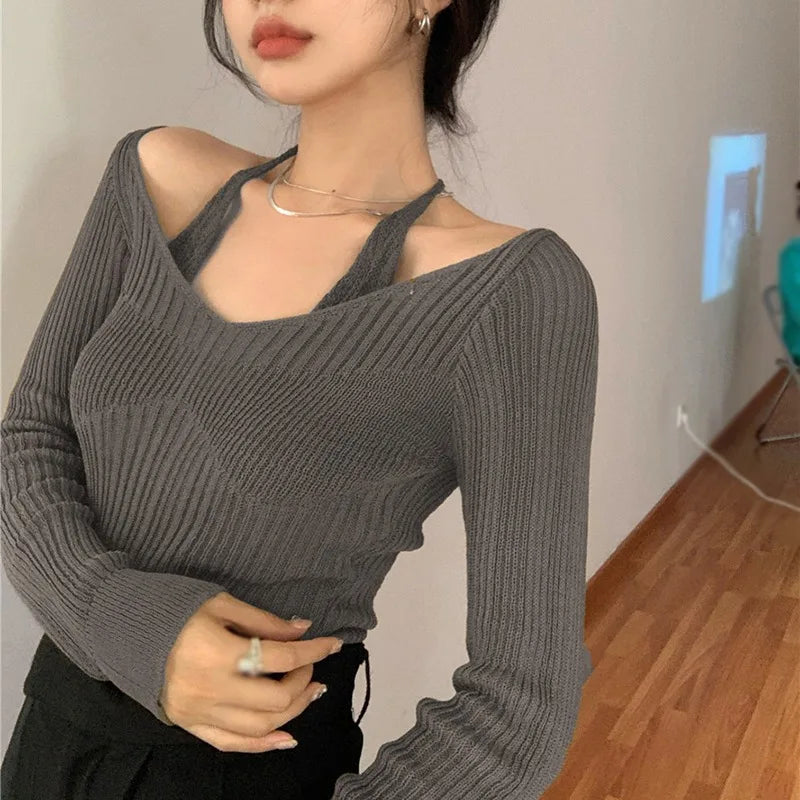 BXOXO Womens Korean version Long Sleeve Sweater Off Shoulder Sexy Knitted Pullover Jumper Sweaters Knit Sweater Casual Loose Blouse