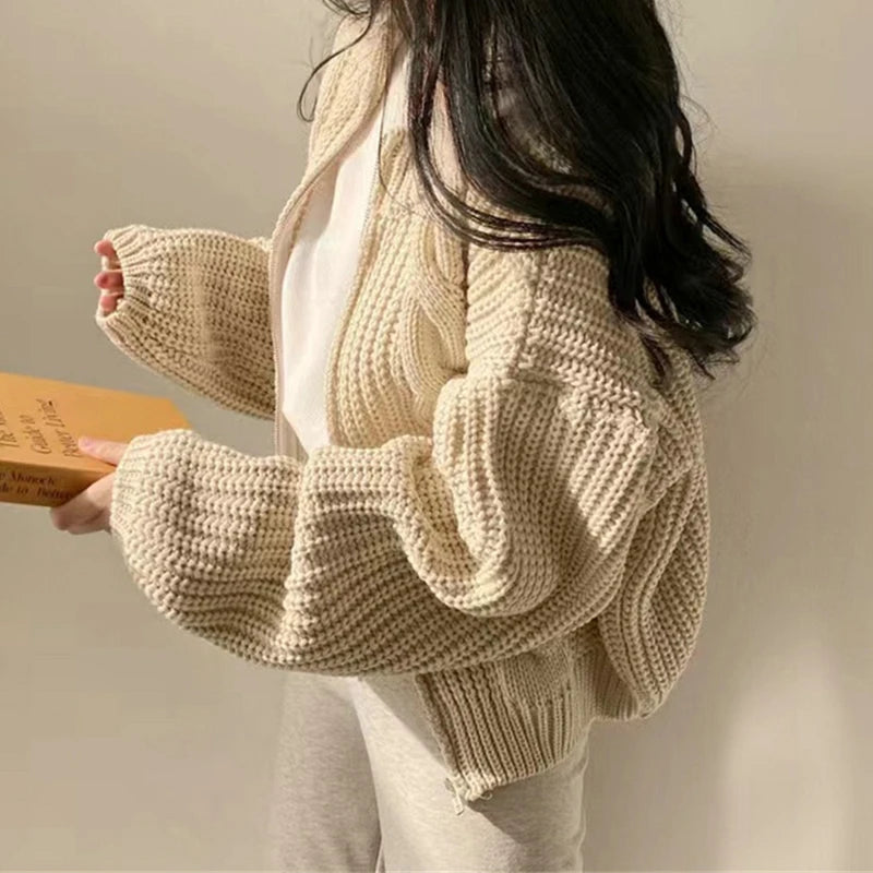 BXOXO Women Zipper Rib Loose Cardigan Coat Lantern Sleeve Knit Warm Sweater Coat Solid Casual Office Jacket Women Fall Winter