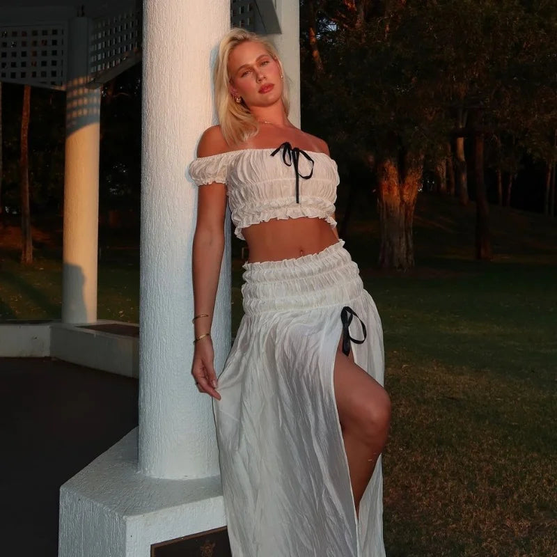 Bxoxo Off Shoulder Sexy Solid All-match Crop Tops and Frilly Ruffle Slit Long Skirt French Summer Vacation Women 2 Piece Set