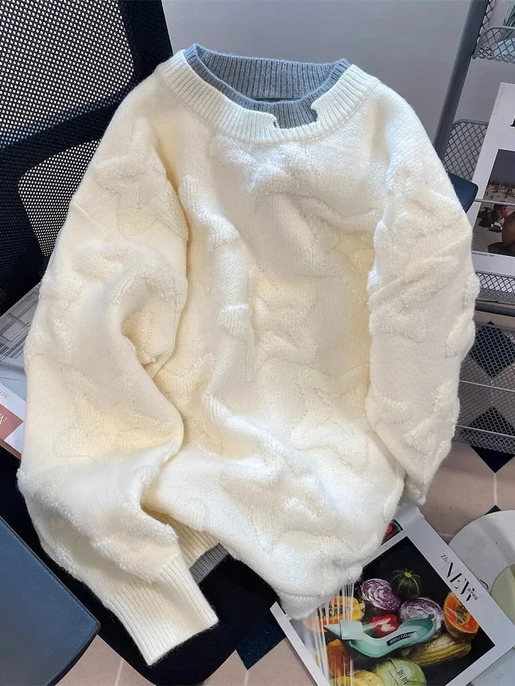 Bxoxo Vintage Stars Sweaters Women Lazy Wind Preppy Style Knitted Pullover Japan Retro Loose Long Sleeve Patchwork Harajuku Tops New