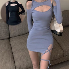 BXOXO Autumn and Winter Women's Strapless Package Hip Sexy Hollow Slim Thin Solid Color Bottoming Dresses