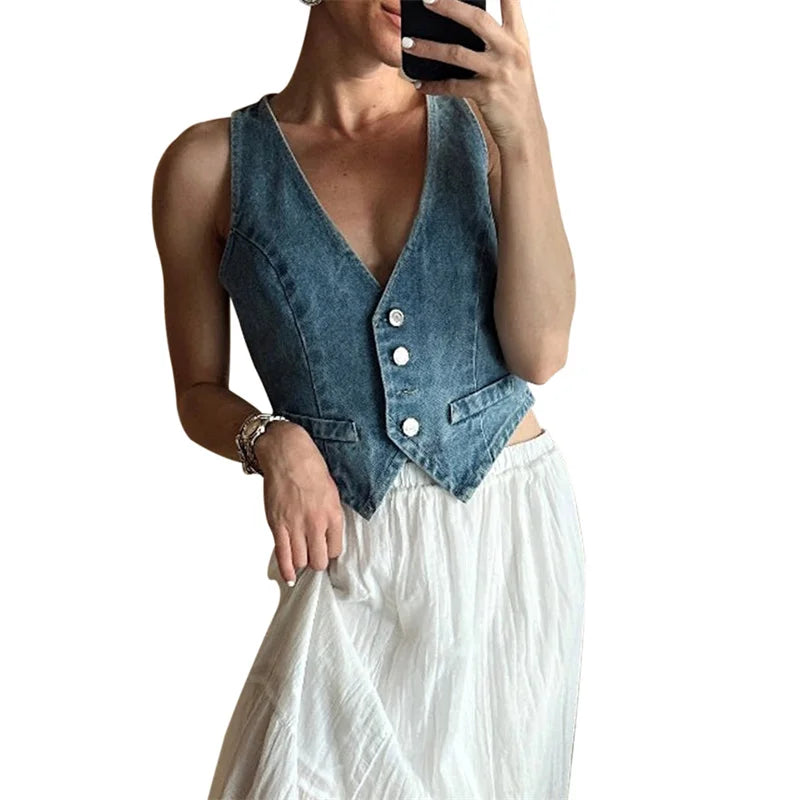 Bxoxo Denim Vest y2k Clothes Women Summer V Neck Button Front Sleeveless Tank Tops Jean Waistcoat 2000s Clothes Streetwear