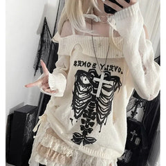 BXOXO Off Shoulder Hole Sweaters Women 2025 Autumn New Sphenoid Print Tops Y2k E-Girl Long Sleeve Hollow Out Pullovers