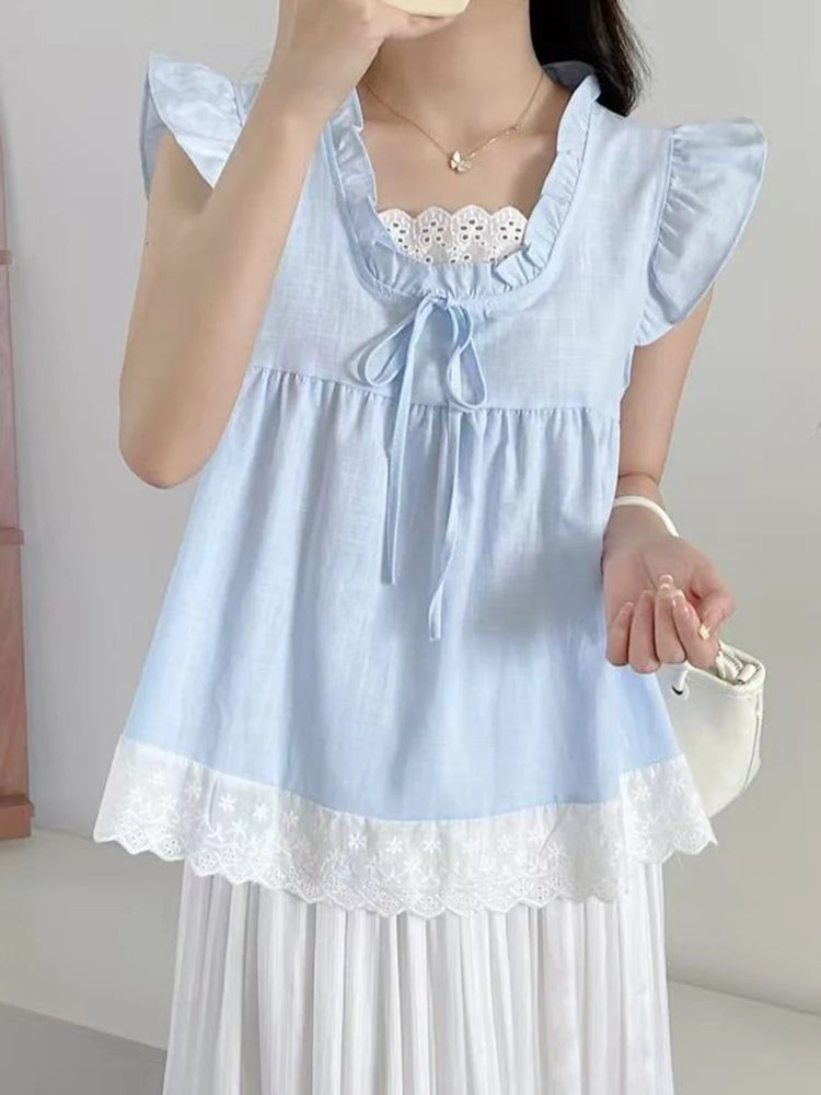 BXOXO Sweet Lace Patchwork Tanks Women Loose Flying Sleeve Elegant Tanks Tops Vintage Casual Female Korean Summer Retro Tops New