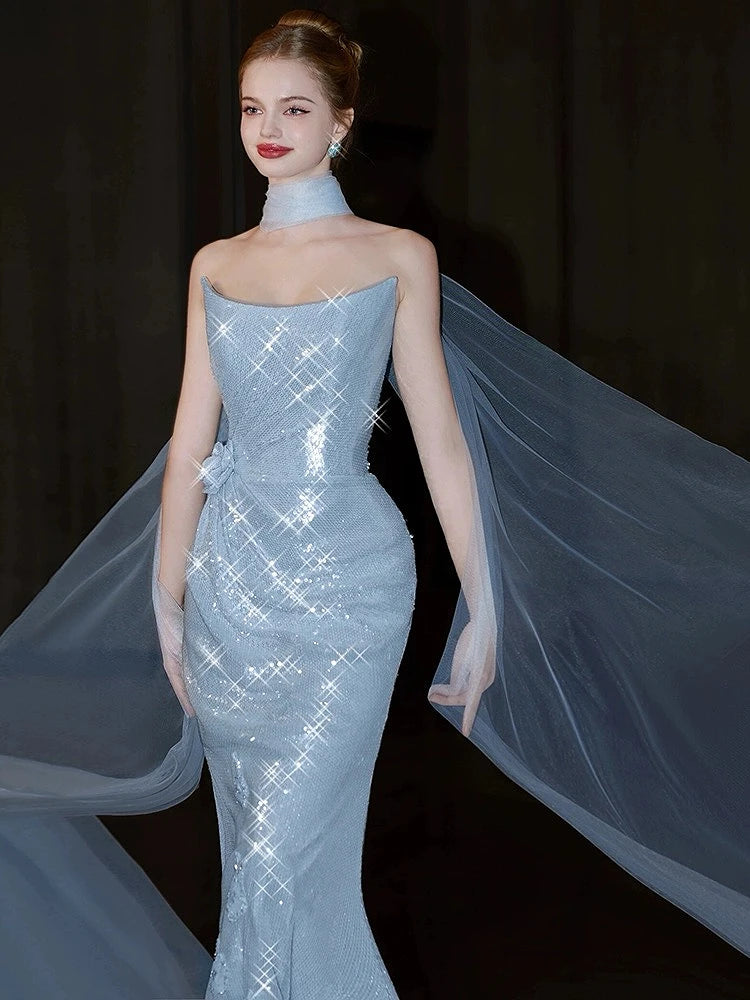 Bxoxo Blue Senior Evening Dress Shiny Sequins Off The Shoulder Sleeveless Mermaid Slim Trailing Backless Party Prom Celebrity Gown