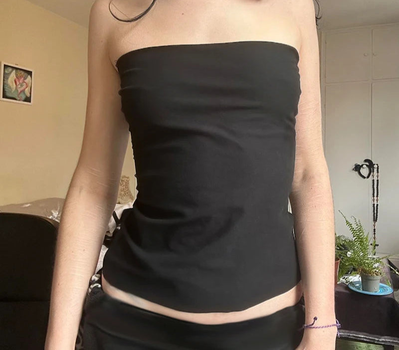 BXOXO Solid Black Backless Tube Top Sexy Transparent Mesh Stitching Crop Tops Tees Summer y2k Aesthetic Vest Clubwear Tees Lady